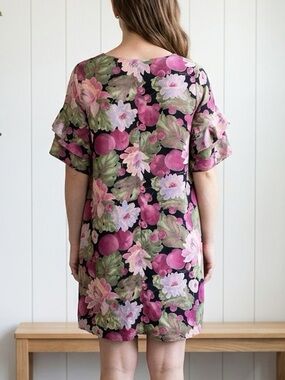 Handmade Floral Plum Tunic Top Flutter Sleeves Peony Fruit Print Flowy Boho